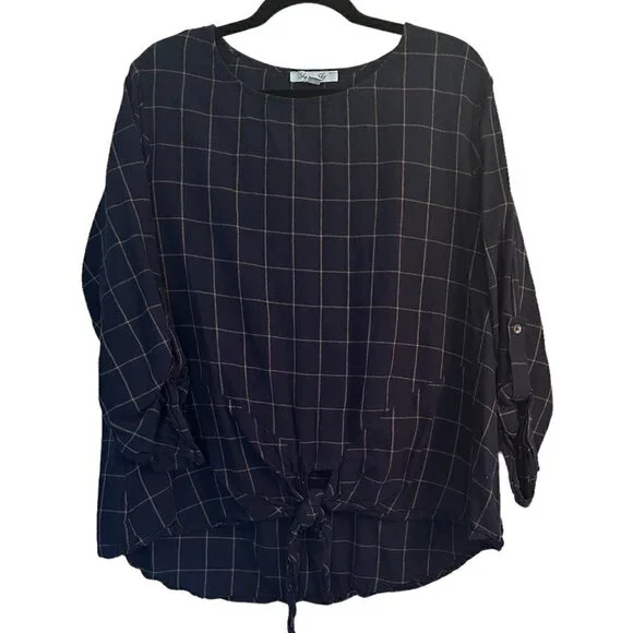 She + Sky 100% Cotton Navy Blue Top w/tie front & button sleeves Womens size XL - Picture 1 of 6
